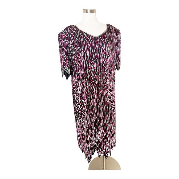 Roamans Silver/Hot Pink 80s VTG Wavy Sequin Maxi Dress Scallop Hem Sz B2=L - Picture 1 of 7